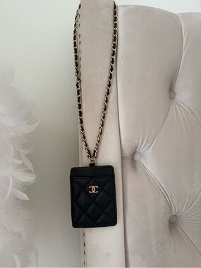 Chanel Black and Gold Card Holder with Chain